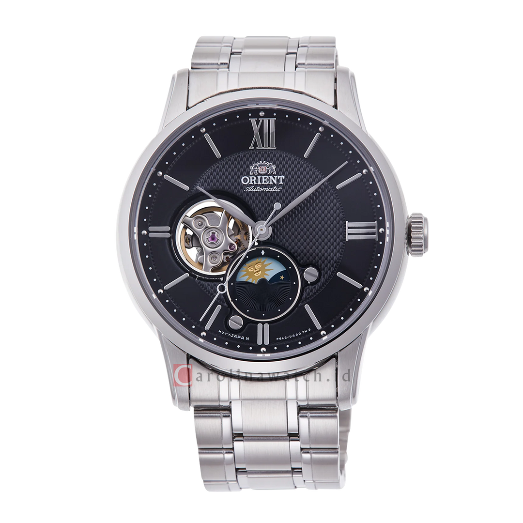 Jam Tangan Orient RA-AS0008B Automatic Sun & Moon Black Open Heart Dial Stainless Steel Strap