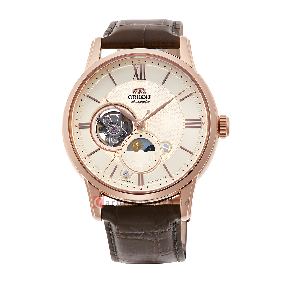 Jam Tangan Orient Bambino RA-AS0009S Men Automatic Sun & Moon Open Heart Dial Brown Leather Strap