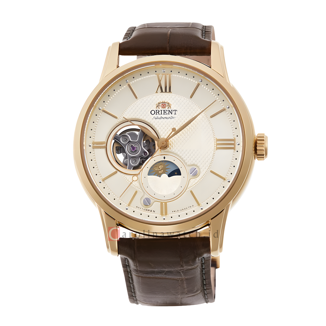 Jam Tangan Orient Sun & Moon Classic RA-AS0010S Beige Open Heart Dial Brown Leather Strap
