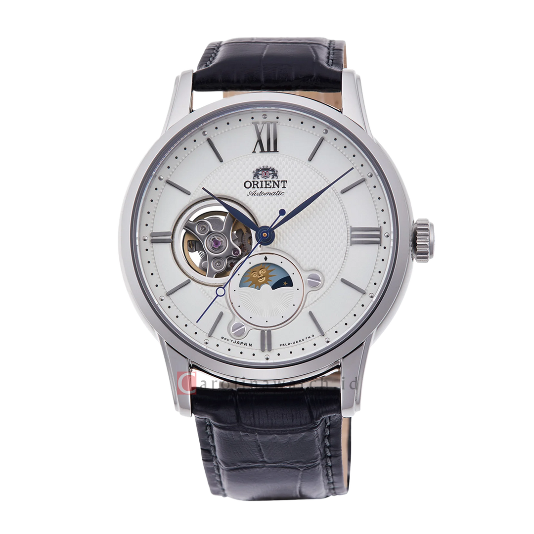 Jam Tangan Orient Sun & Moon Classic RA-AS0011S Silver White Open Heart Dial Black Leather Strap