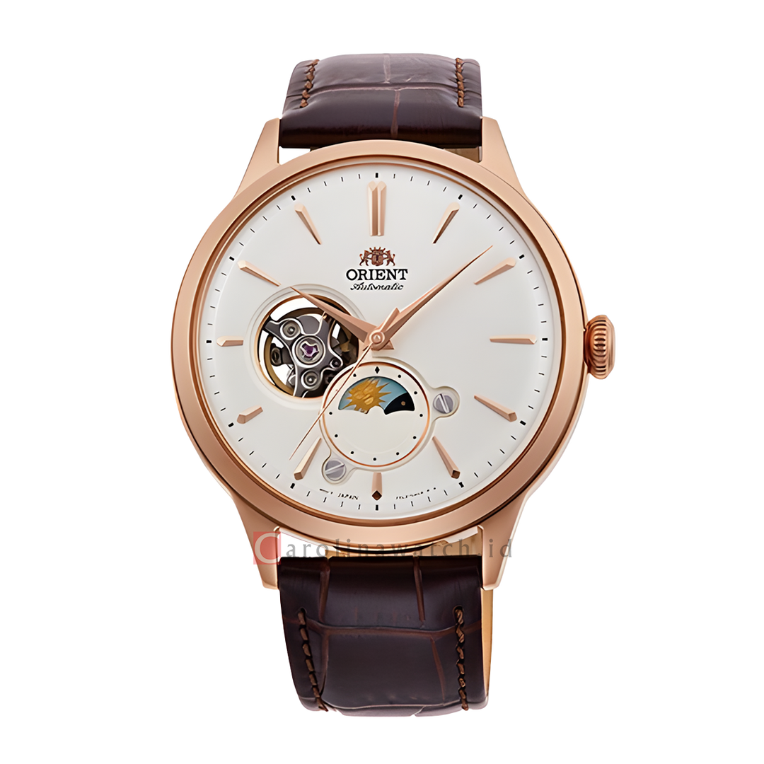 Jam Tangan Orient Sun & Moon Classic RA-AS0102S Silver White Open Heart Dial Brown Leather Strap