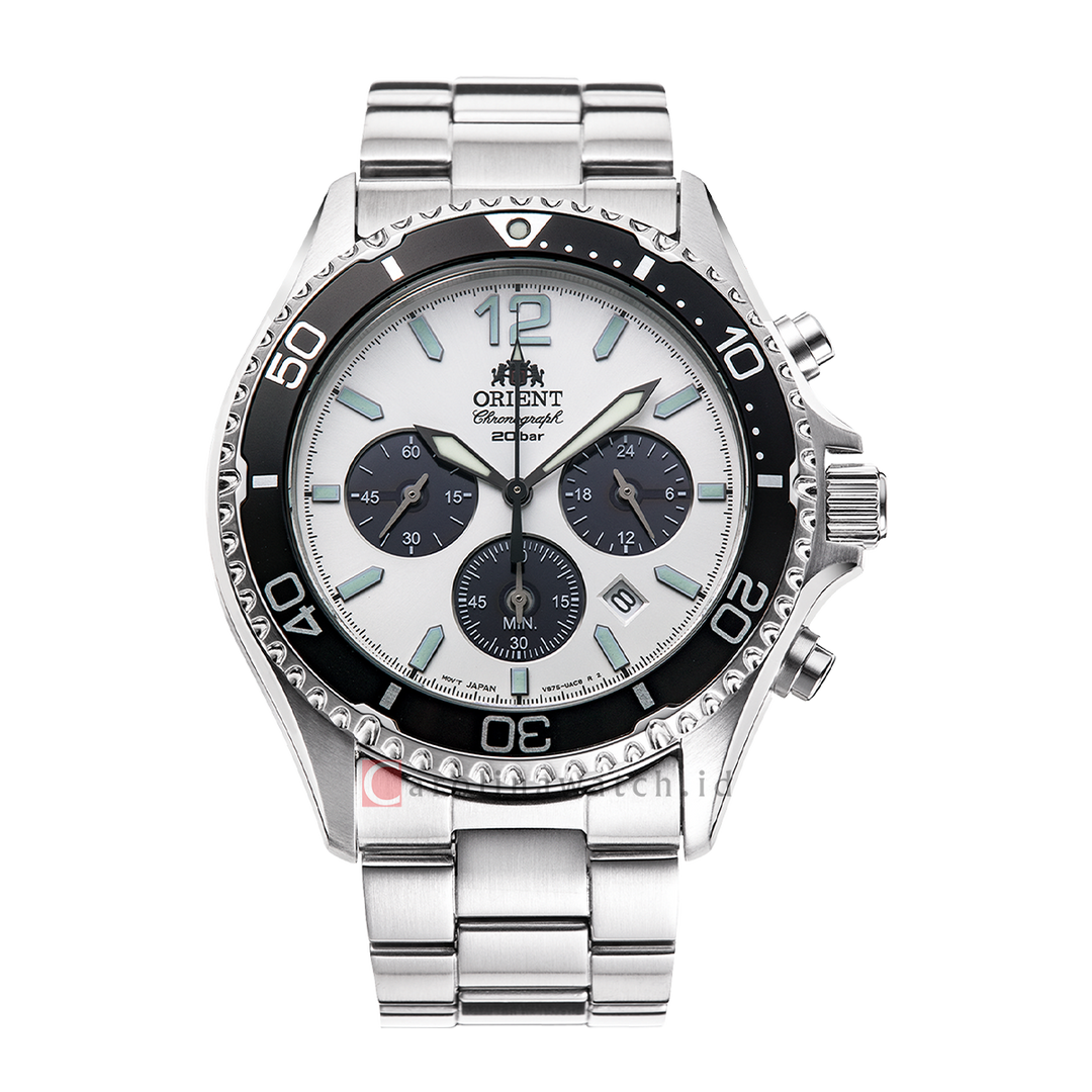 Jam Tangan Orient Sports RA-TX0203S Mako Solar Panda Chronograph Dual Tone Dial Metal Strap