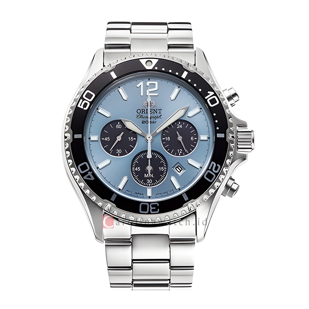 Jam Tangan Orient Mako RA-TX0206L Men Diver Mako Solar Chronograph Sky Blue Dial Metal Strap