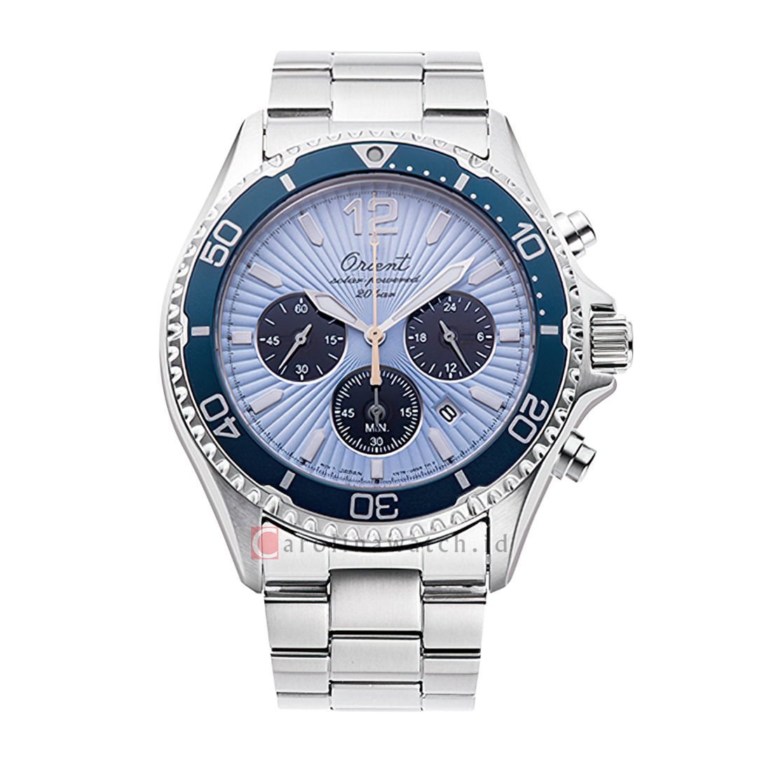 Jam Tangan Orient Sports RA-TX0210L 75th Anniversary Chronograph Sky Blue Dial Metal Strap Limited Edition