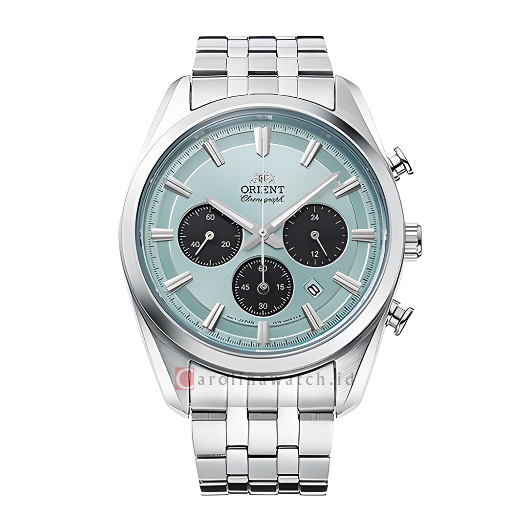 Jam Tangan Orient Contemporary RA-TX0304L Men Chronograph Solar Powered Sky Blue Dial Stainless Steel Strap