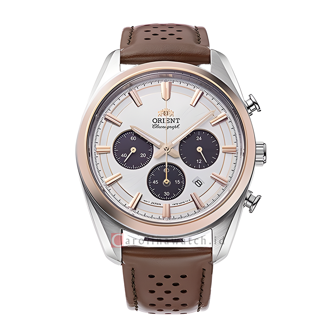 Jam Tangan Orient Contemporary RA-TX0306S Men Chronograph Solar Powered Silver Dial Brown Leather Strap