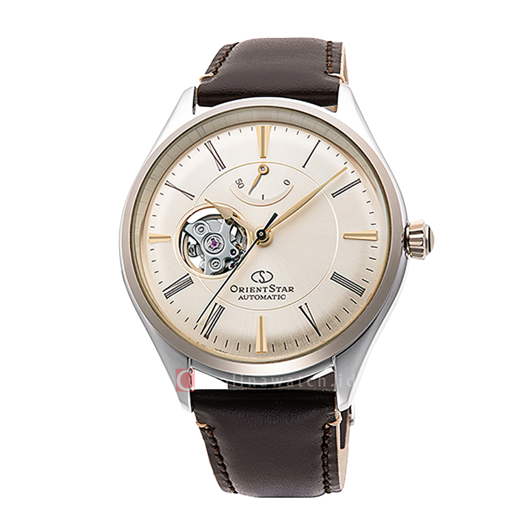 Jam Tangan Orient Star Mechanical Classic RE-AT0201G Men Open Heart Beige Dial Brown Leather Strap