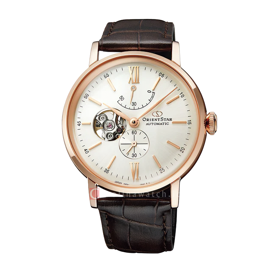 Jam Tangan Orient Star Elegant RE-AV0001S Men Open Heart Champagne Dial Brown Leather Strap