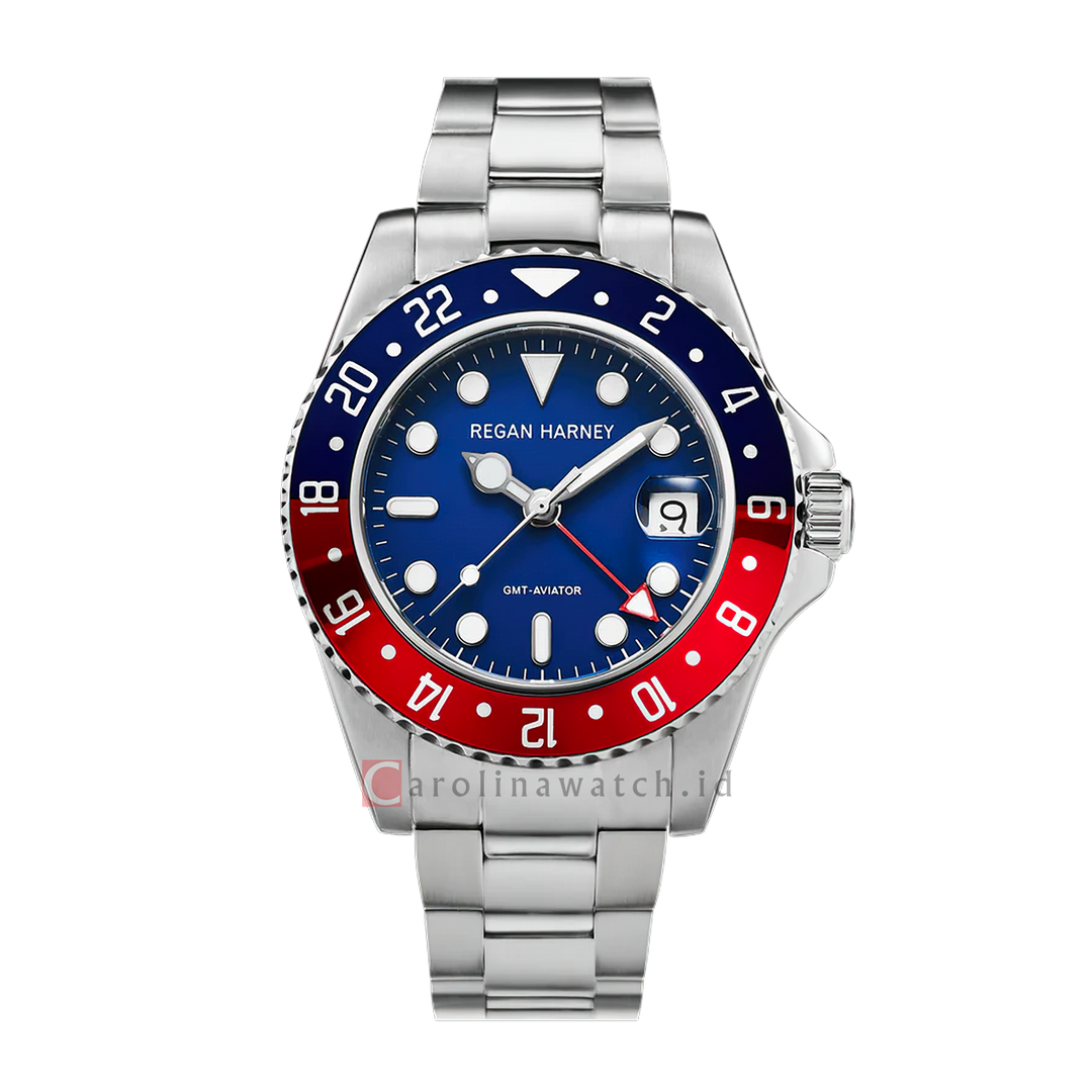 Jam Tangan Regan Harney GMT-Aviator RH009-01 Men Blue Dial Stainless Steel Strap