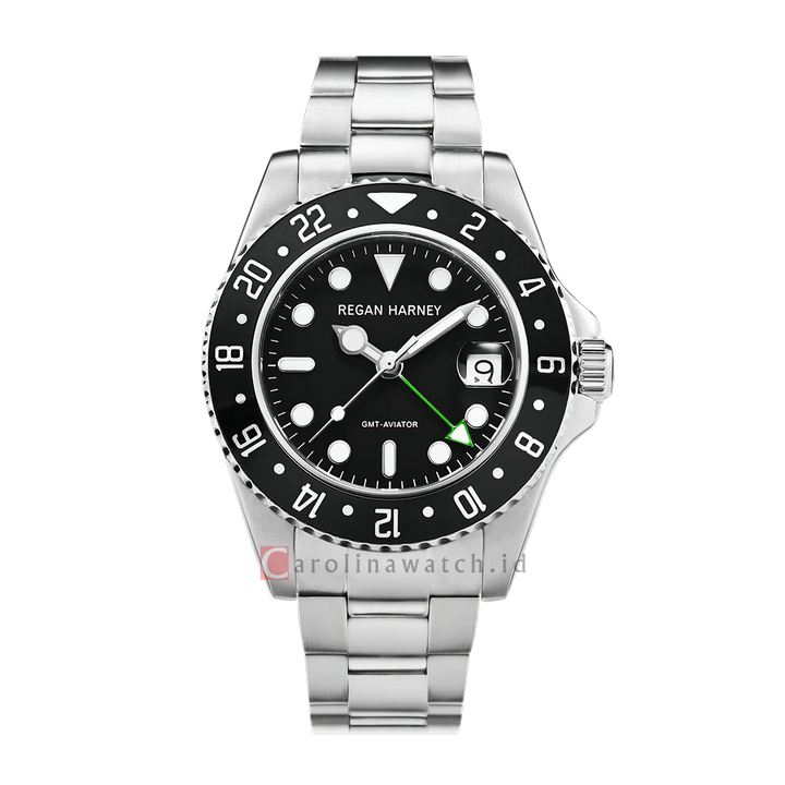 Jam Tangan Regan Harney GMT-Aviator RH009-03 Men Black Dial Stainless Steel Strap