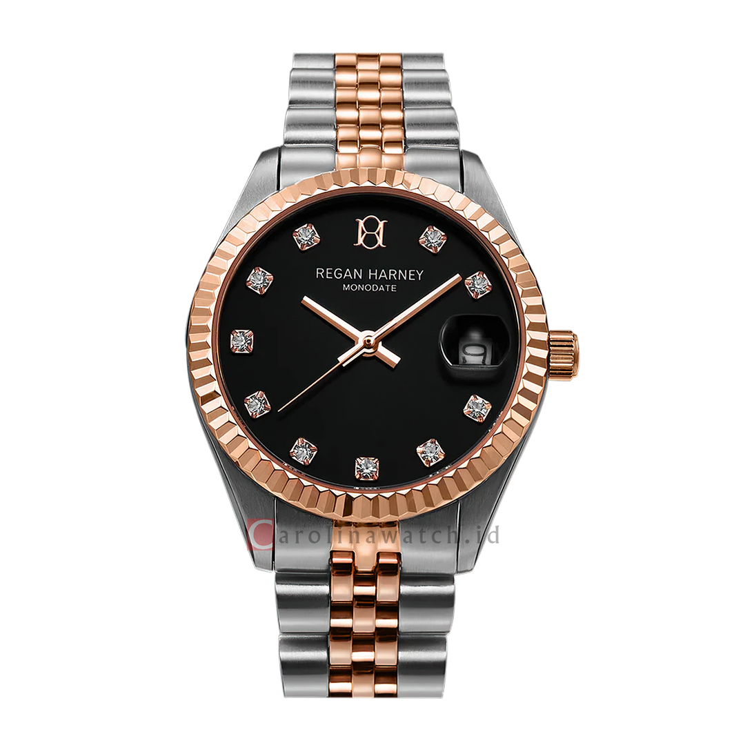 Jam Tangan Regan Harney LADY MONODATE RH013-02 Women Black Dial Dual Tone Stainless Steel Strap