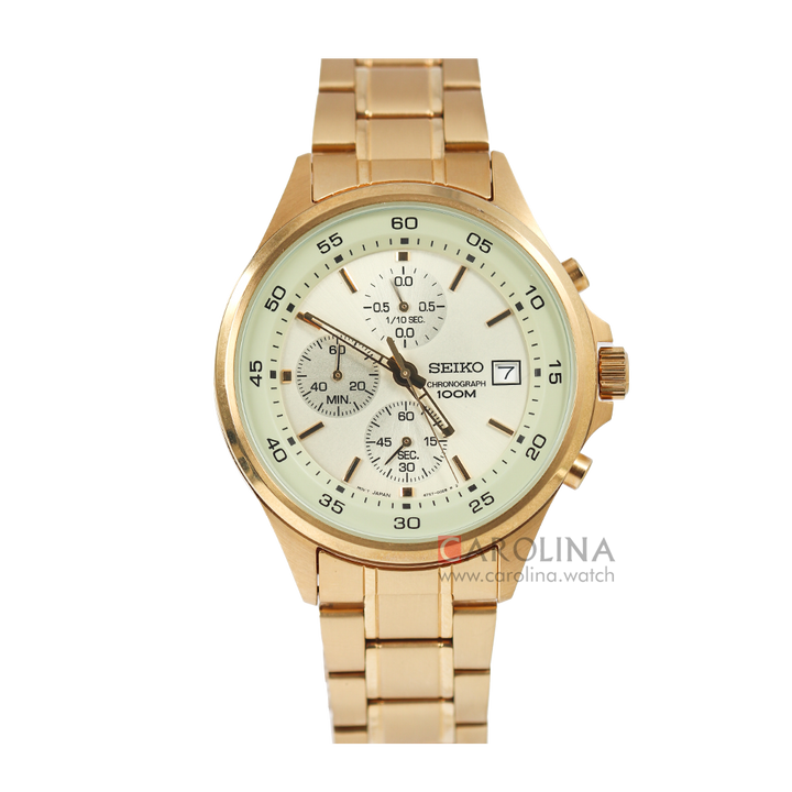 Jam Tangan Seiko Chronograph SKS482P1 Men Gold Dial Gold Stainless Steel Strap