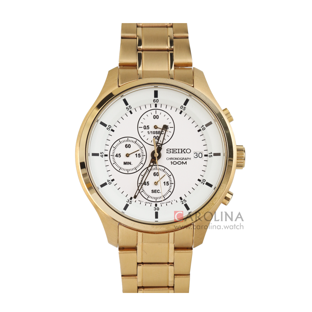 Jam Tangan Seiko Chronograph SKS544P1 Men Discover More White Dial Gold Stainless Steel Strap