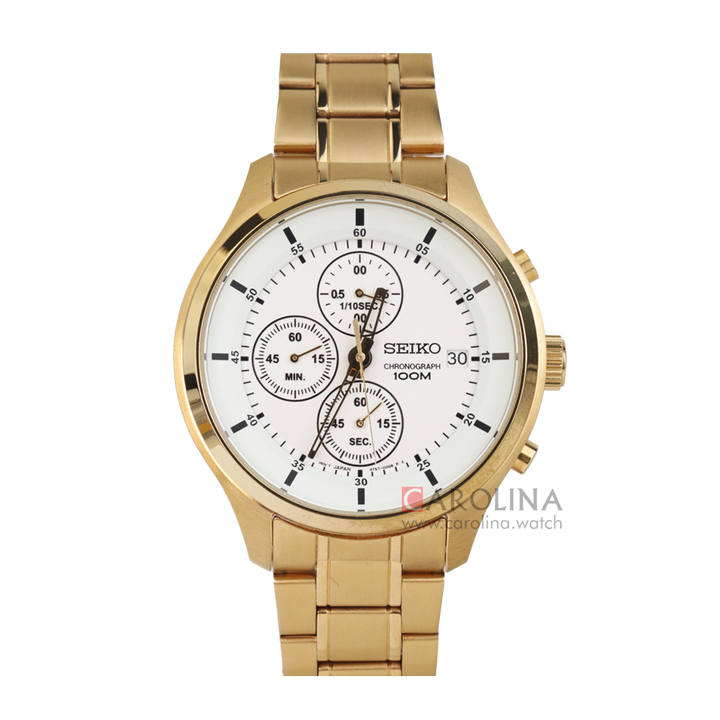 Jam Tangan Seiko Chronograph SKS544P1 Men Discover More White Dial Gold Stainless Steel Strap