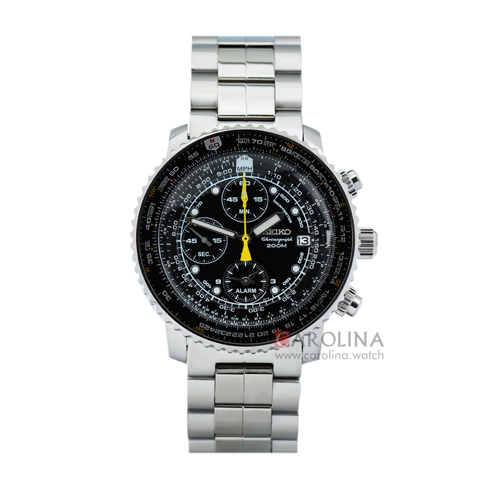 Jam Tangan Seiko Chronograph SNA411P1 Flightmaster Pilot Alarm Men Black Dial Stainless Steel Strap