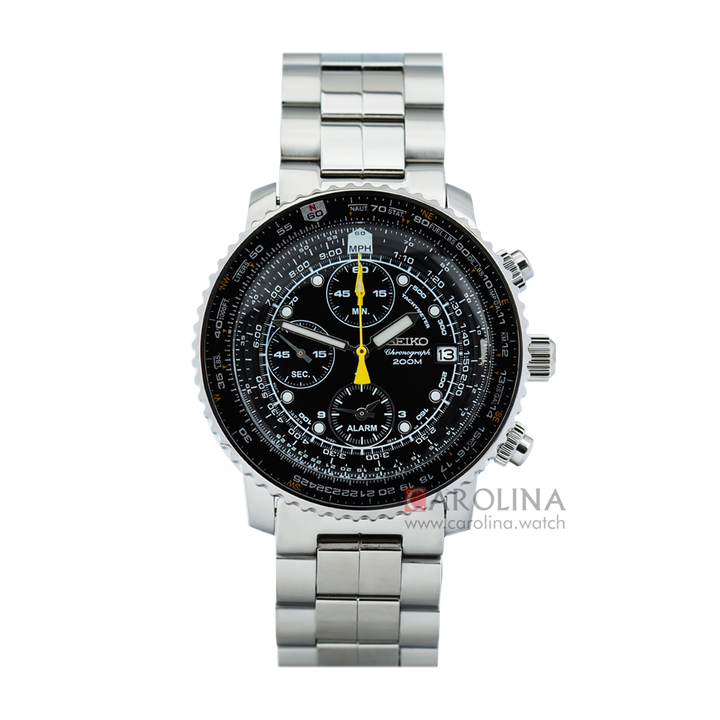 Jam Tangan Seiko Chronograph SNA411P1 Flightmaster Pilot Alarm Men Black Dial Stainless Steel Strap