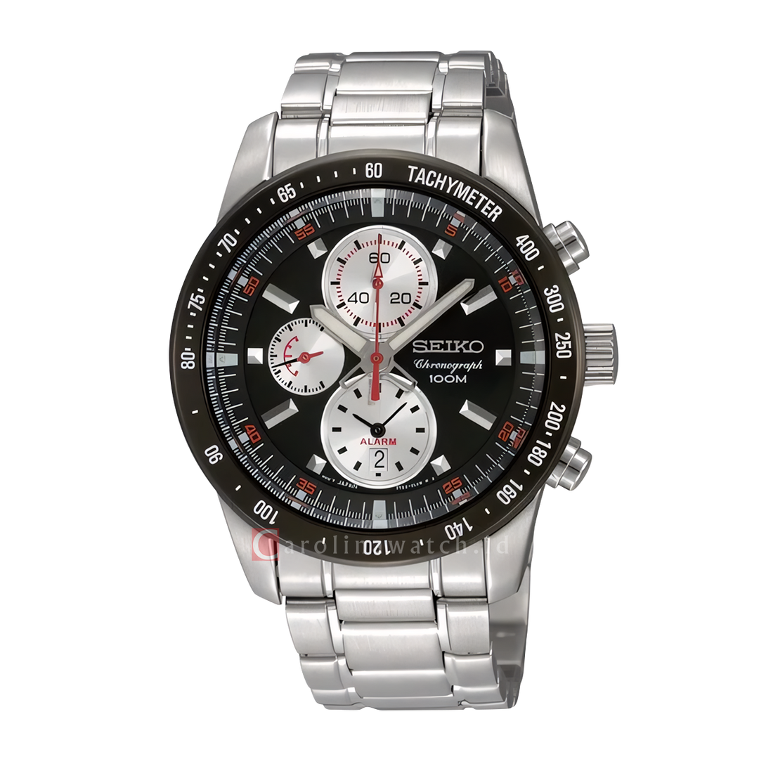 Jam Tangan Seiko Chronograph SNAD89P1 Men Black Dial Stainless Strap