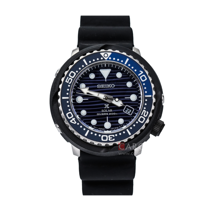 Jam Tangan Seiko Prospex SNE518P1 Tuna Save The Ocean Solar Divers 200M Men Black Pattern Dial Black Rubber Strap