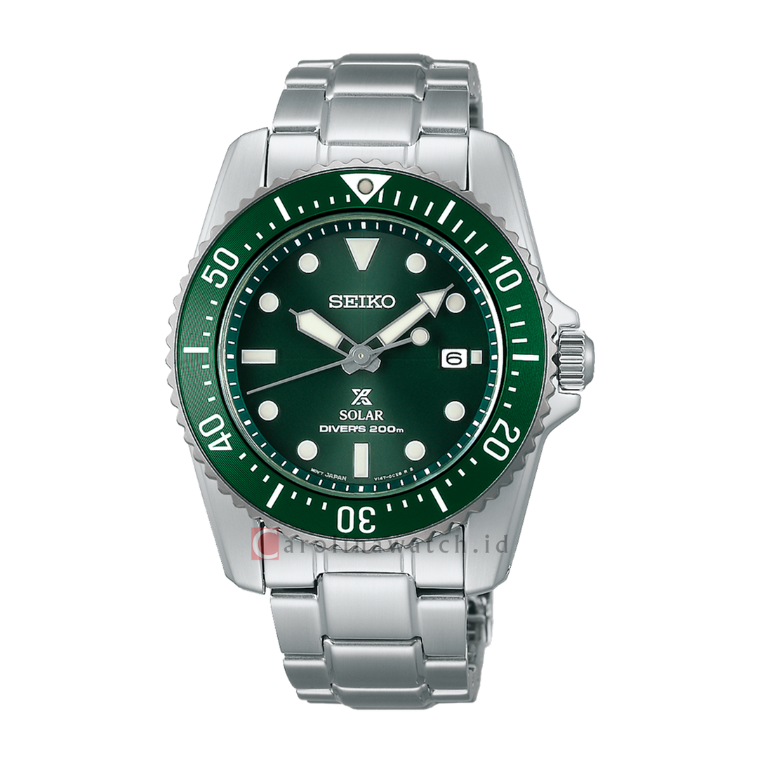 Jam Tangan Seiko Prospex SNE583P1 SOLAR QUARTZ 200M DIVER Men Green Dial Stainless Steel Strap