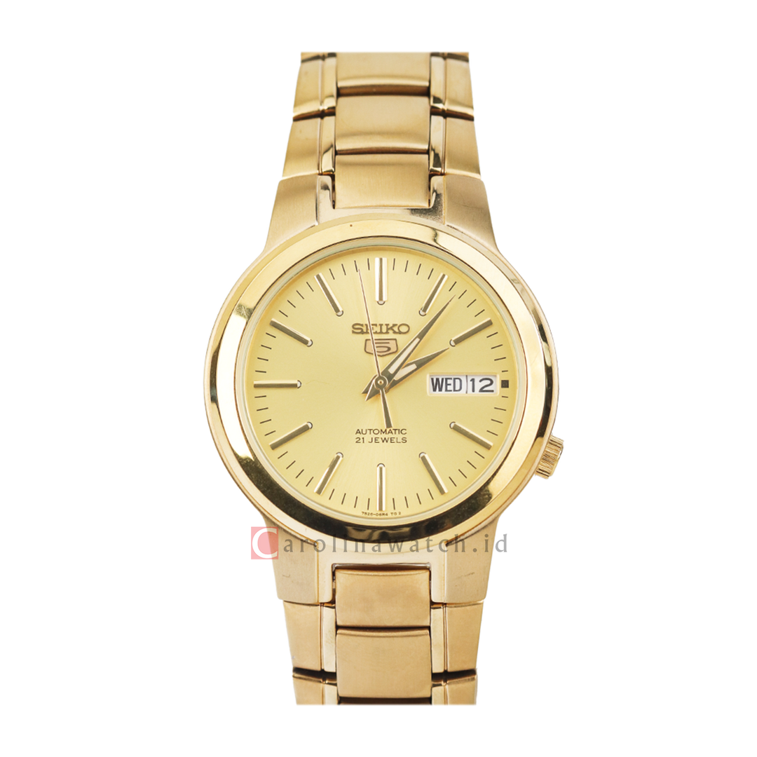 Jam Tangan Seiko 5 Sports SNKA10 Automatic Men Gold Dial Gold Stainless Steel Strap