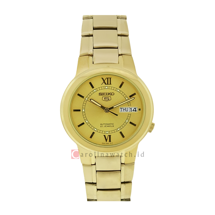 Jam Tangan Seiko 5 Sports SNKA24 Automatic Men Gold Dial Gold Stainless Steel Strap