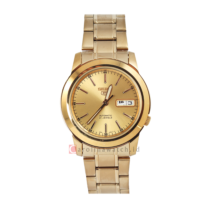 Jam Tangan Seiko 5 Sports SNKE56K1 Automatic Men Gold Dial Gold Stainless Steel Strap