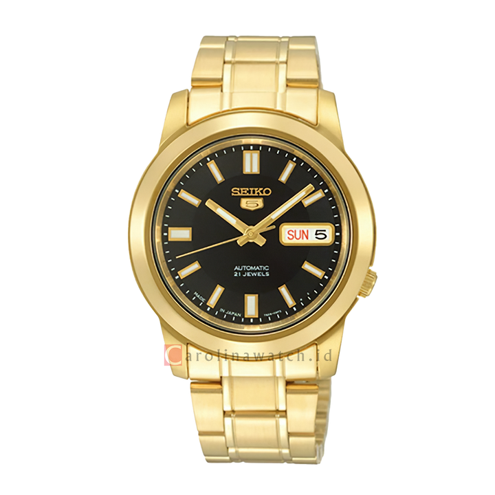 Jam Tangan Seiko 5 Sports SNKK22K1 Automatic Men Black Dial Gold Stainless Steel Strap