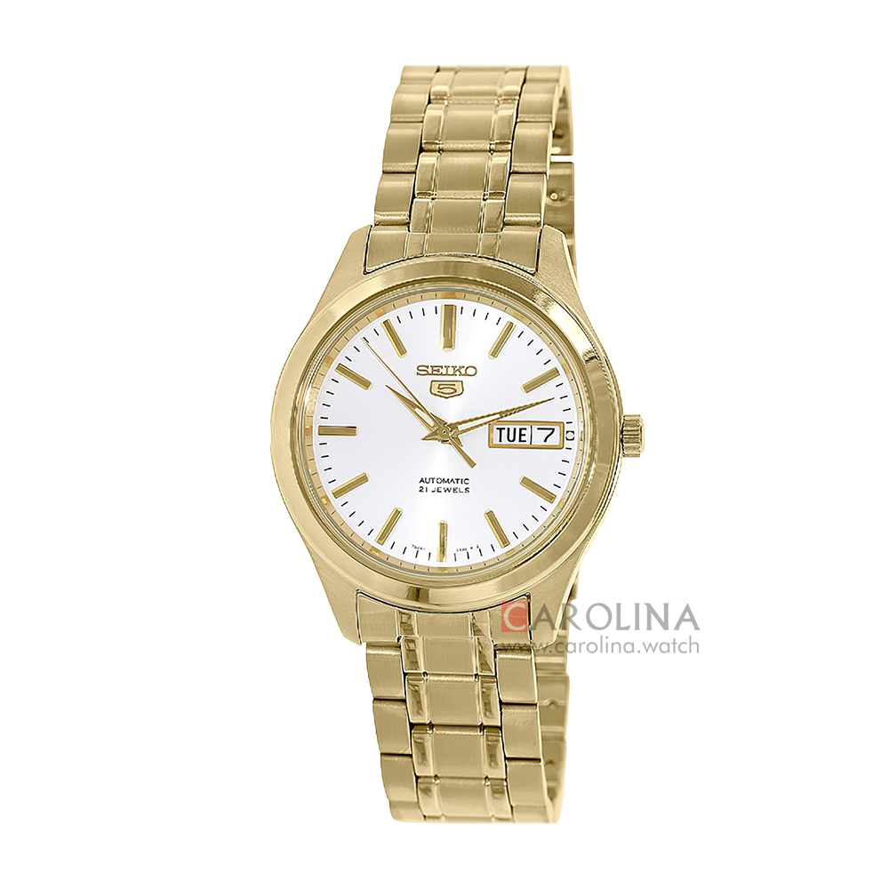 Jam Tangan Seiko 5 SNKM50 Automatic Men White Dial Gold Stainless Steel Strap