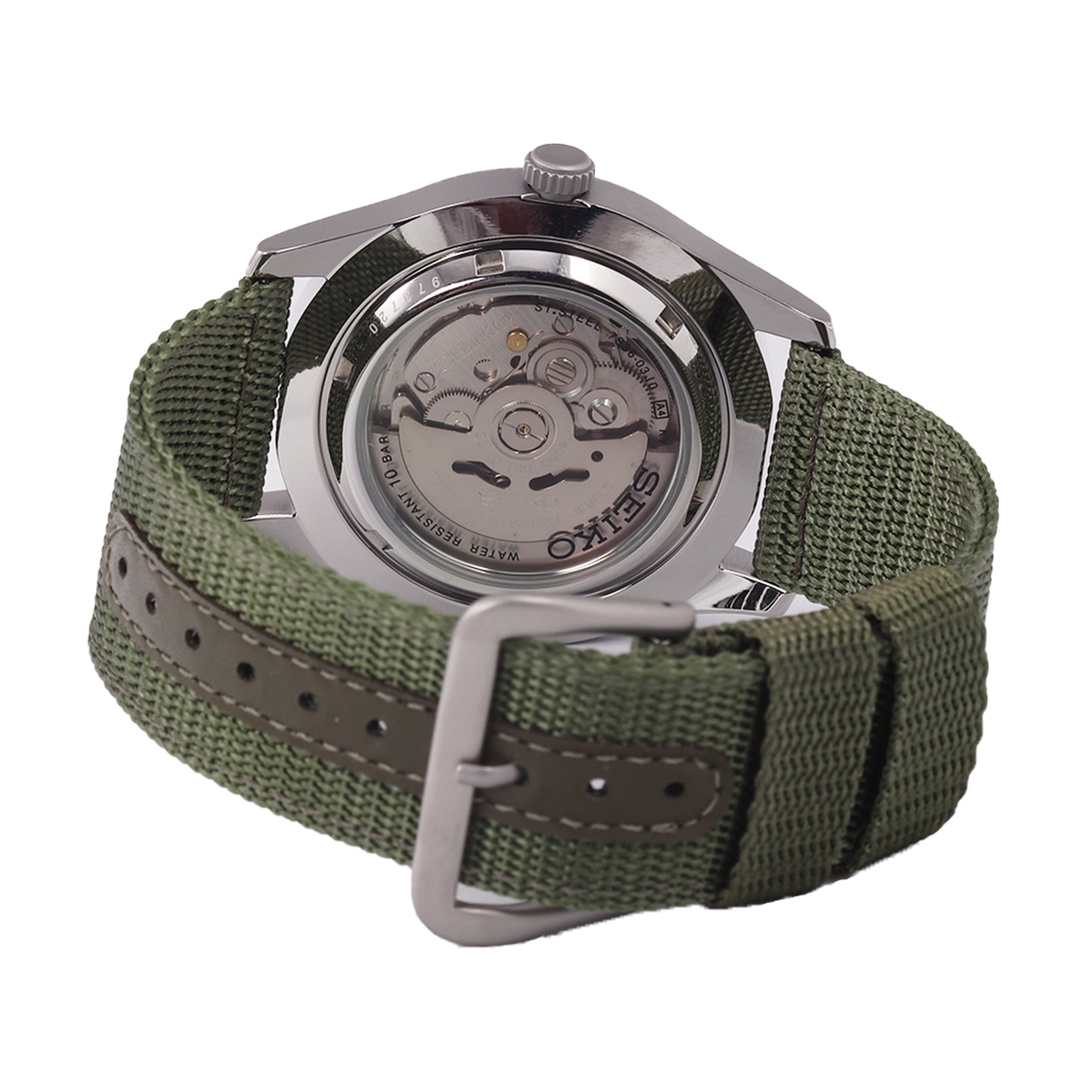Jam Tangan Seiko 5 Sports SNZG09K1 Men Automatic Black Dial Army Green Nylon Strap