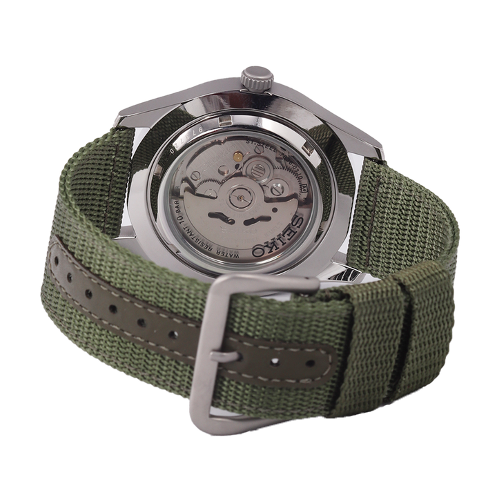 Jam Tangan Seiko 5 Sports SNZG09K1 Men Automatic Black Dial Army Green Nylon Strap