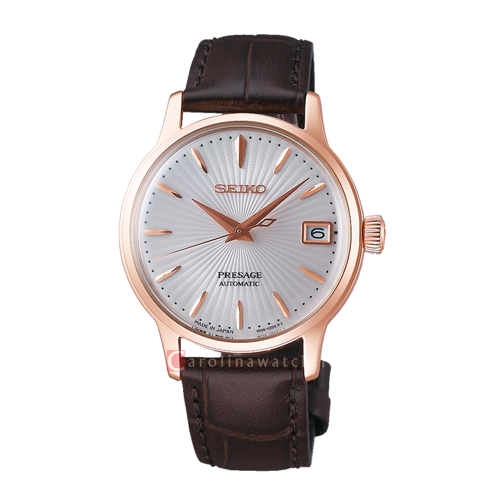 Jam Tangan Seiko Presage SRP852J1 Bellini Cocktail Women Automatic Silver Dial Brown Leather Strap