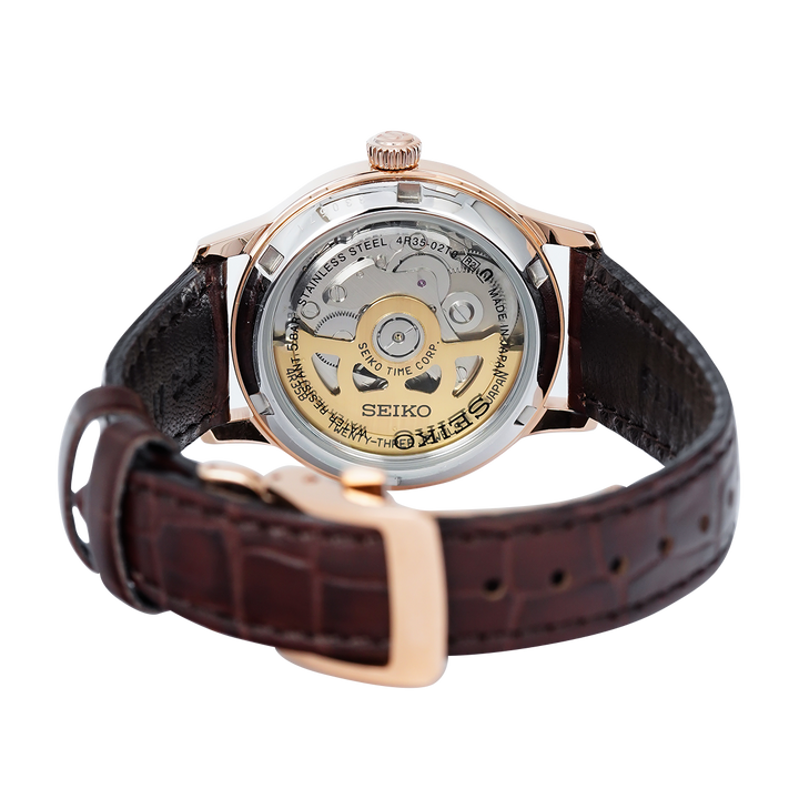 Jam Tangan Seiko Presage SRP852J1 Bellini Cocktail Women Automatic Silver Dial Brown Leather Strap