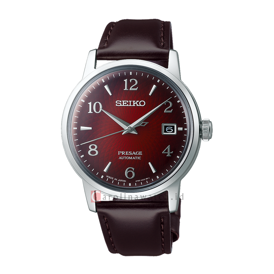 Jam Tangan Seiko Presage SRPE41J1 Cocktail Time Men Red Dial Dark Red-Brown Leather Strap