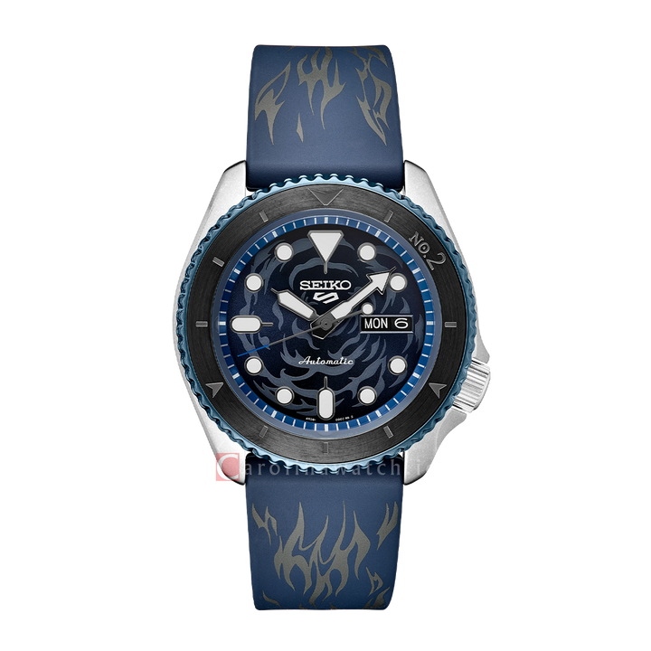 Jam Tangan Seiko 5 Sports SRPH71K1 One Piece Sabo Flame Fist Men Automatic Pattern Dial Blue Rubber Strap Limited Edition