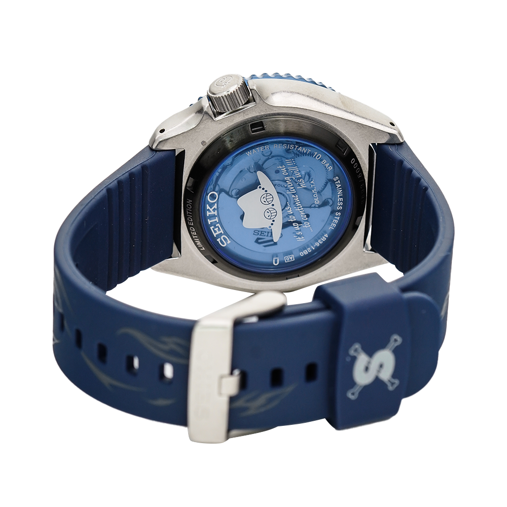 Jam Tangan Seiko 5 Sports SRPH71K1 One Piece Sabo Flame Fist Men Automatic Pattern Dial Blue Rubber Strap Limited Edition