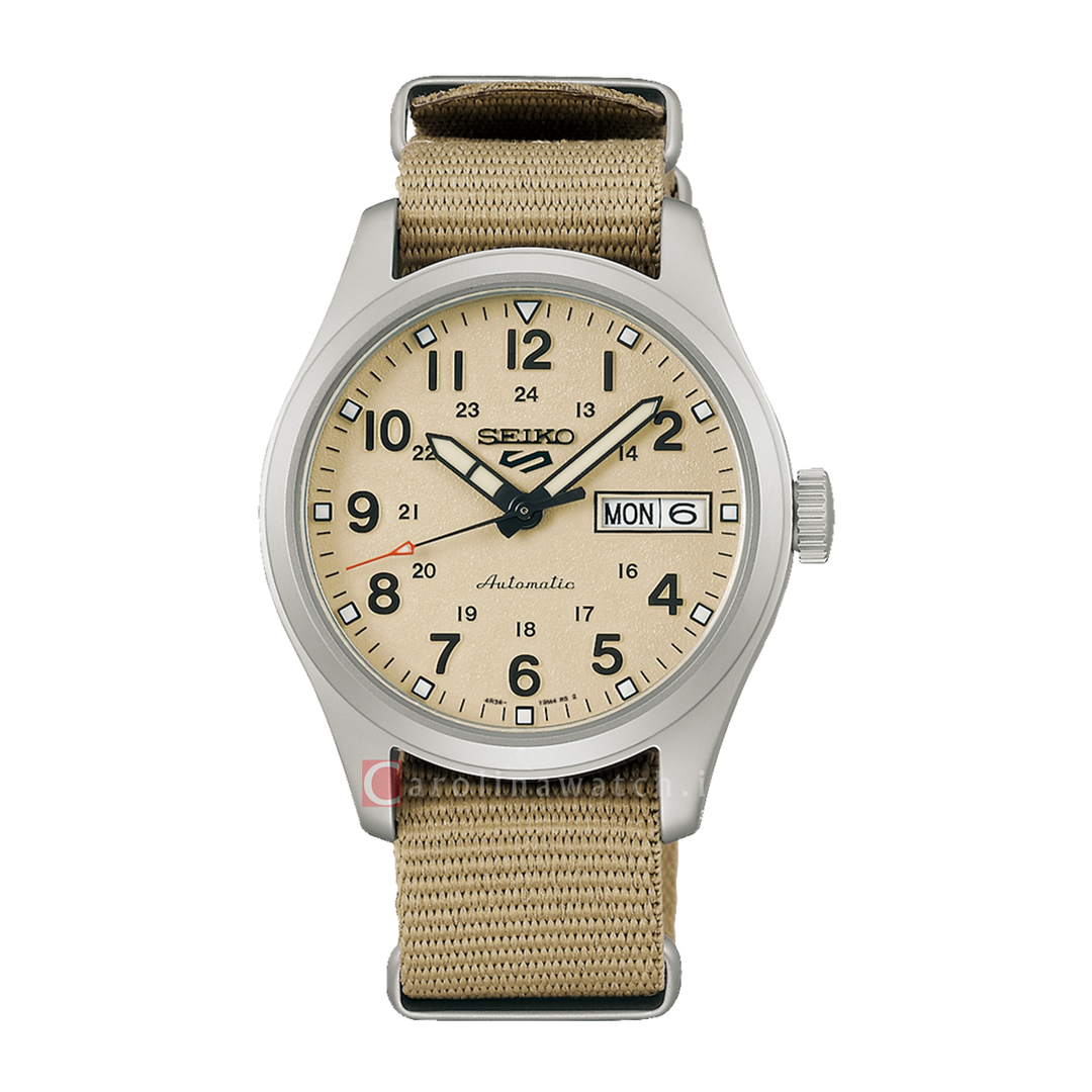 Jam Tangan Seiko 5 Sports SRPJ83K1 Mid-Field Sports Style Men Automatic Taupe Dial Taupe Nylon Strap