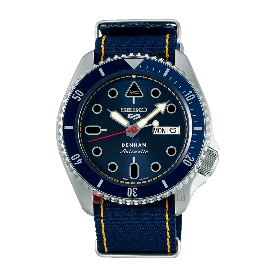 Jam Tangan Seiko 5 Sports DENHAM SRPL35K1 Men Blue Dial Blue Nylon Strap LIMITED EDITION