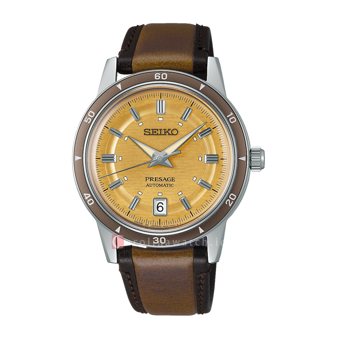 Jam Tangan Seiko Presage SRPL75J1 Men Style 60s in Golden Yellow Dial Brown Leather Strap