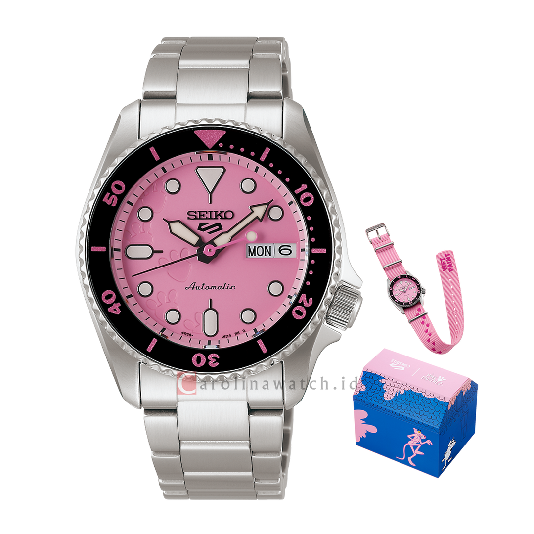 Jam Tangan Seiko 5 Sports x Pink Panther SRPM07K1 Pink Dial Stainless Strap Limited Edition