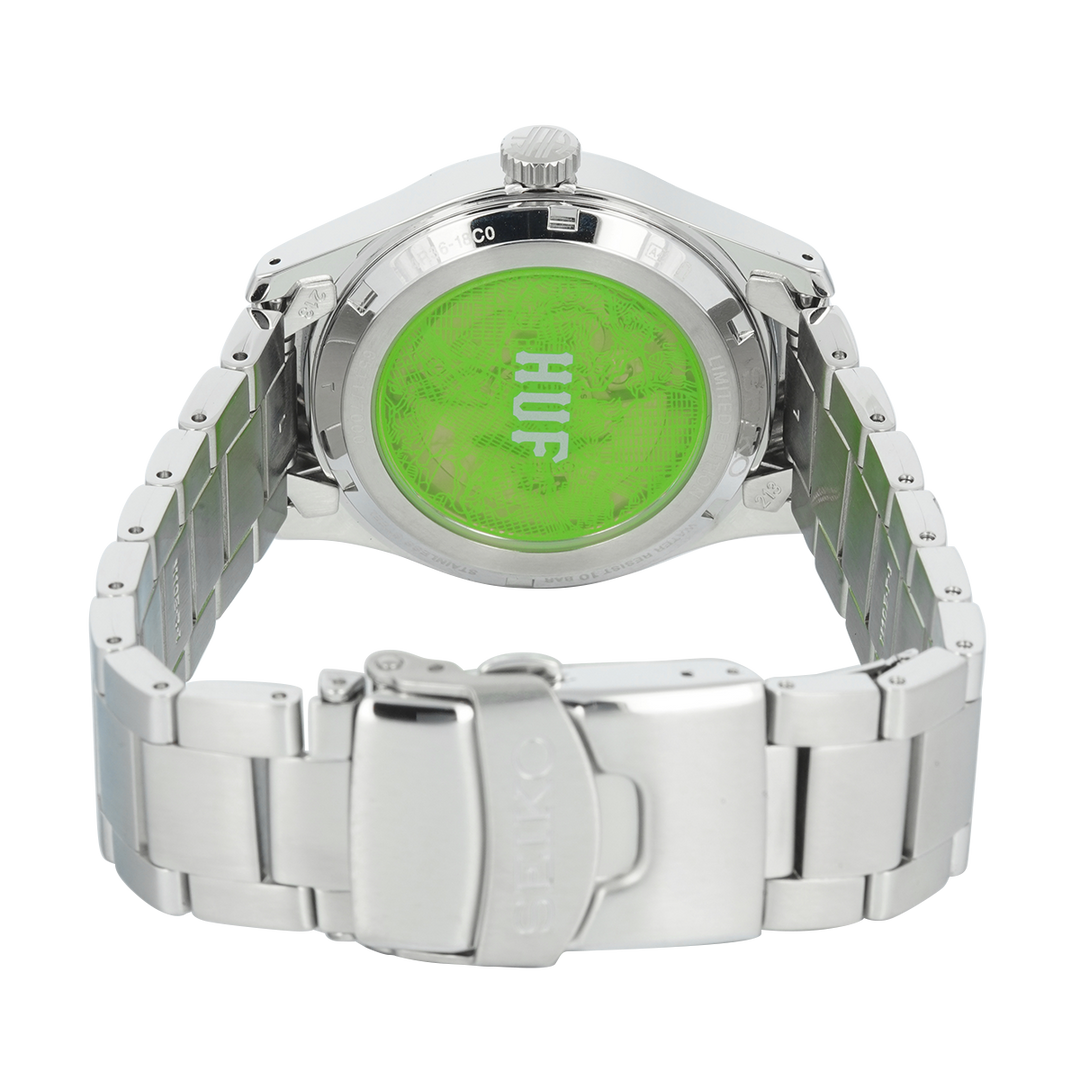 Jam Tangan Seiko 5 Sports Automatic x HUF SRPM09K1 Men Green Dial Stainless Steel Strap Limited Edition