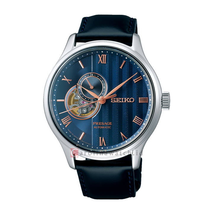 Jam Tangan Seiko Presage SSA421J1 Zen Garden Sakura Automatic Open Heart Blue Dial Black Leather Strap