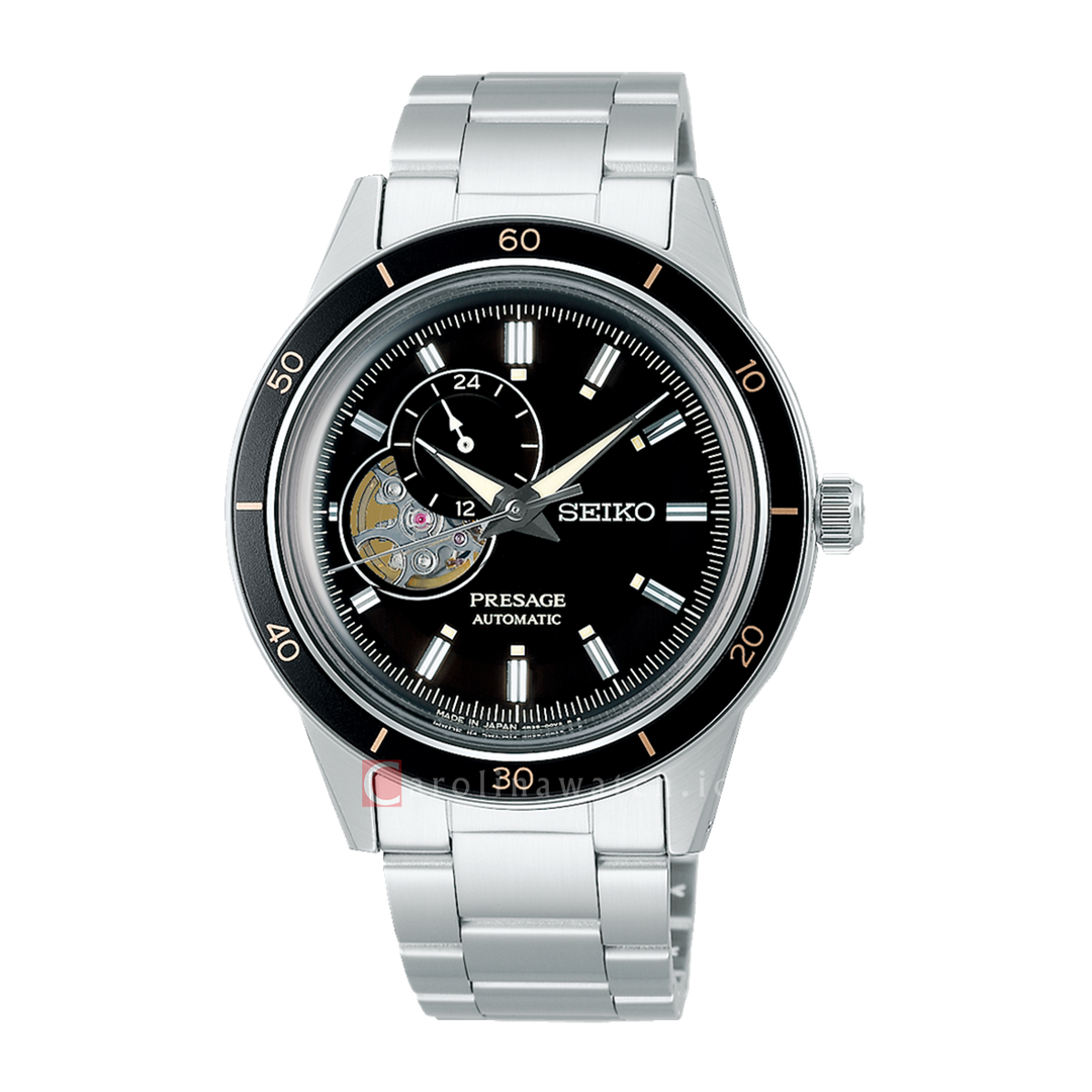 Jam Tangan Seiko Presage Style 60’s Series SSA425J1 Automatic Men Open Heart Black Dial Stainless Steel Strap