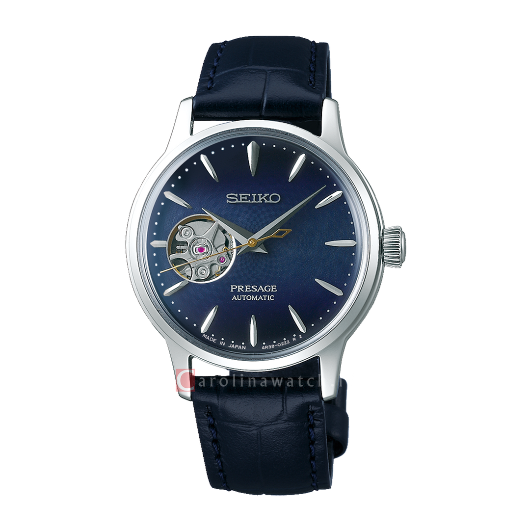 Jam Tangan Seiko Presage SSA785J1 Men Blue Open Heart Dial Black Leather Strap