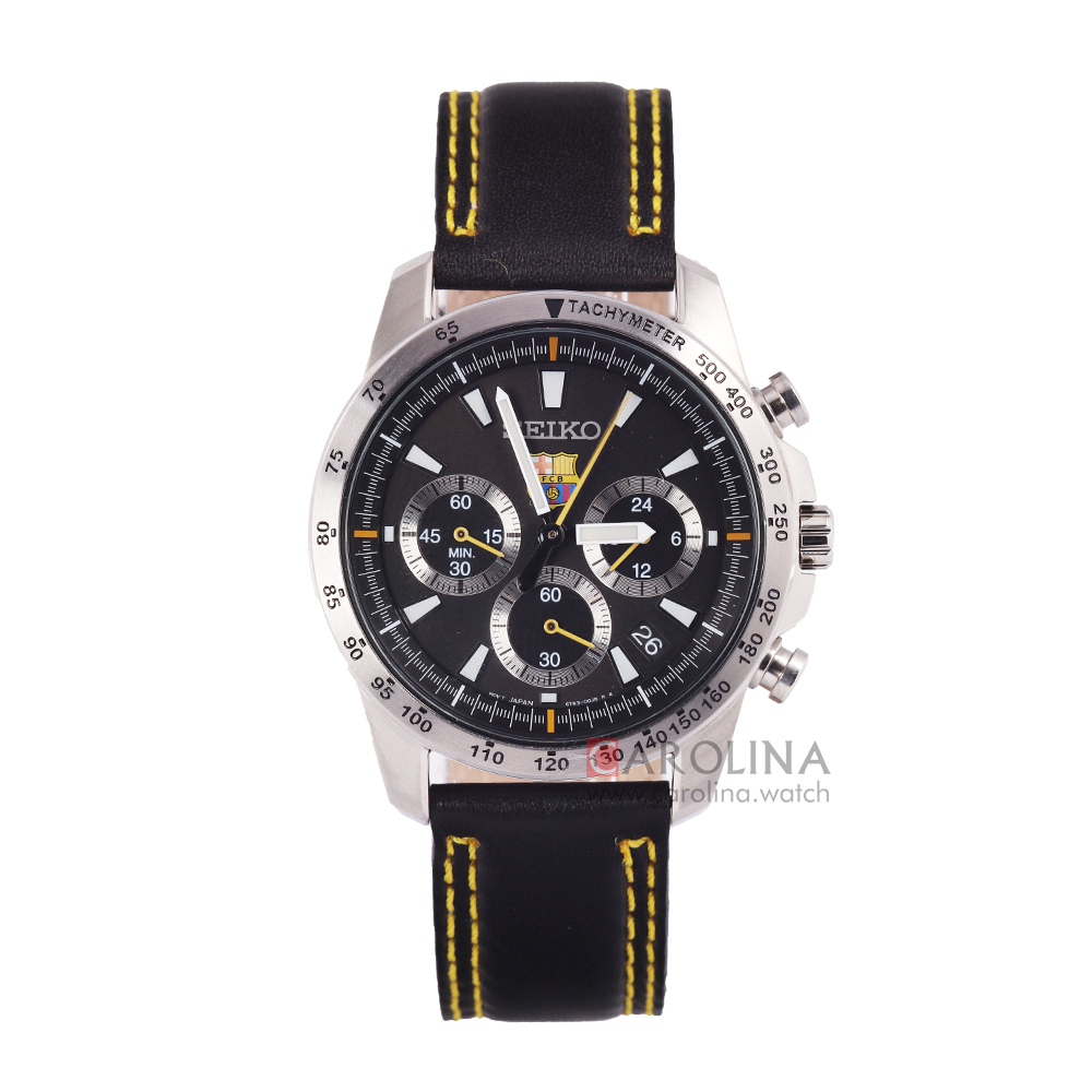 Jam Tangan Seiko Chronograph FC Barcelona SSB073 Men Black Dial Black Leather Strap