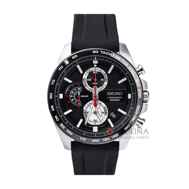 Jam Tangan Seiko Chronograph SSB287P1 Men Black Dial Black Rubber Strap