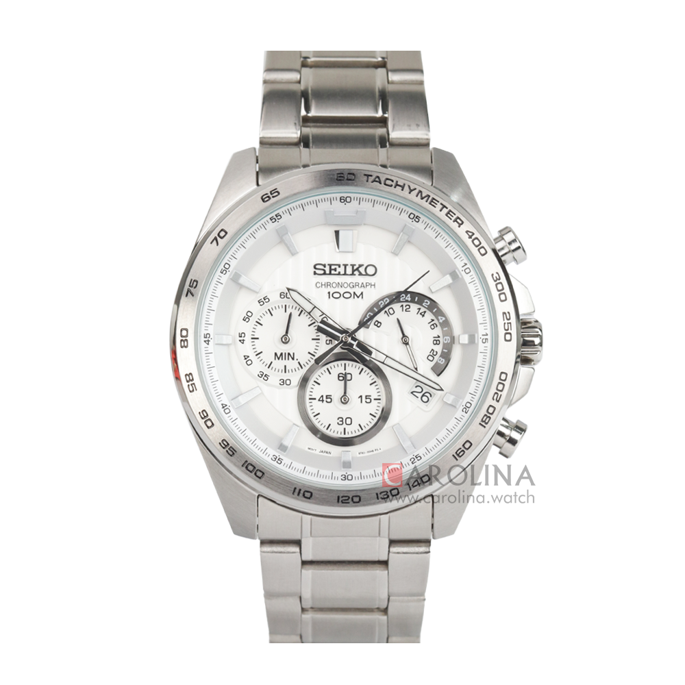 Jam Tangan Seiko Chronograph SSB297P1 Tachymeter Men White Dial Stainless Steel Strap