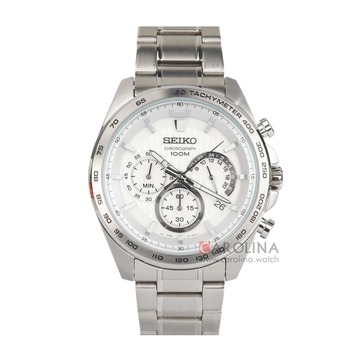 Jam Tangan Seiko Chronograph SSB297P1 Tachymeter Men White Dial Stainless Steel Strap