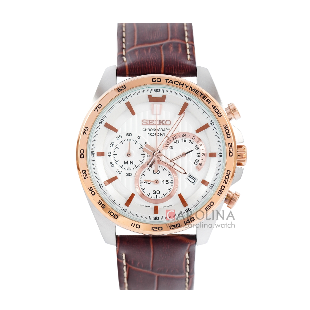 Jam Tangan Seiko Chronograph SSB306P1 Men White Dial Brown Leather Strap