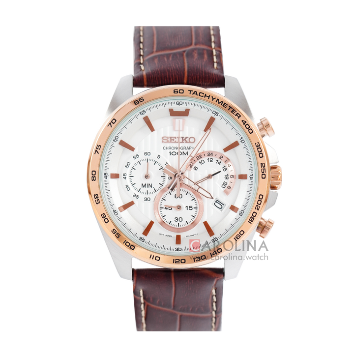 Jam Tangan Seiko Chronograph SSB306P1 Men White Dial Brown Leather Strap