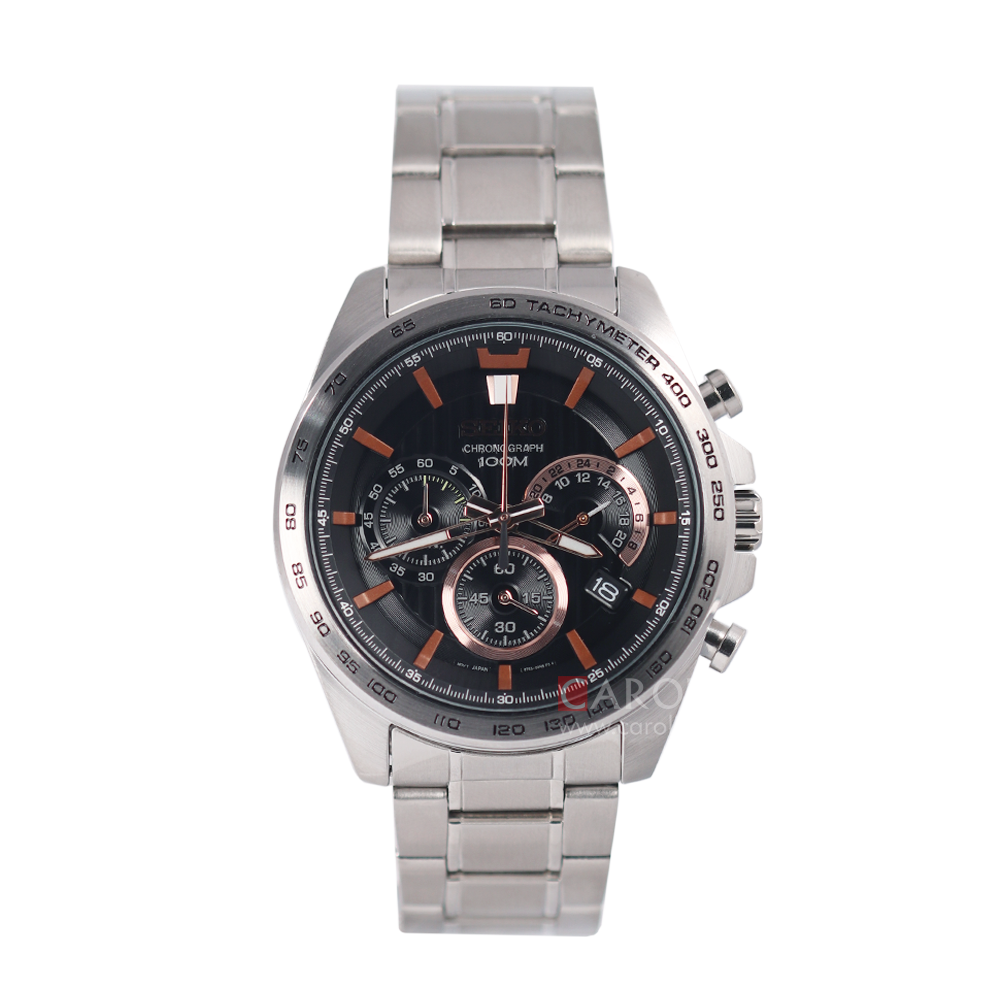 Jam Tangan Seiko Chronograph SSB307P1 Men Black Pattern Dial Stainless Steel Strap
